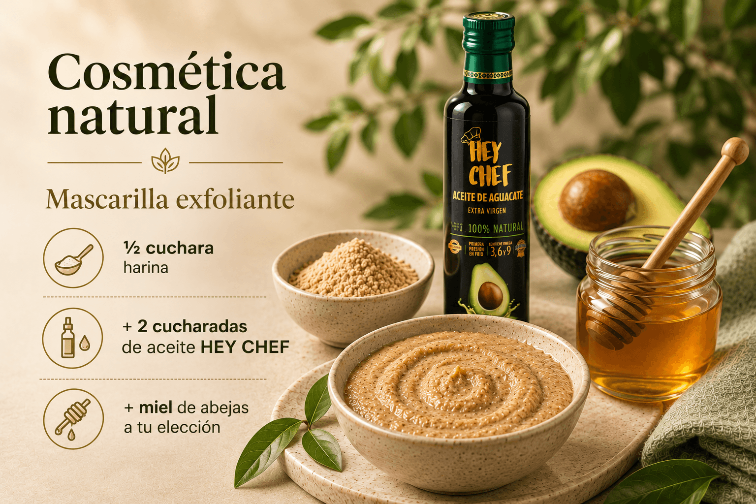 Cosmética con harina y aceite de aguacate