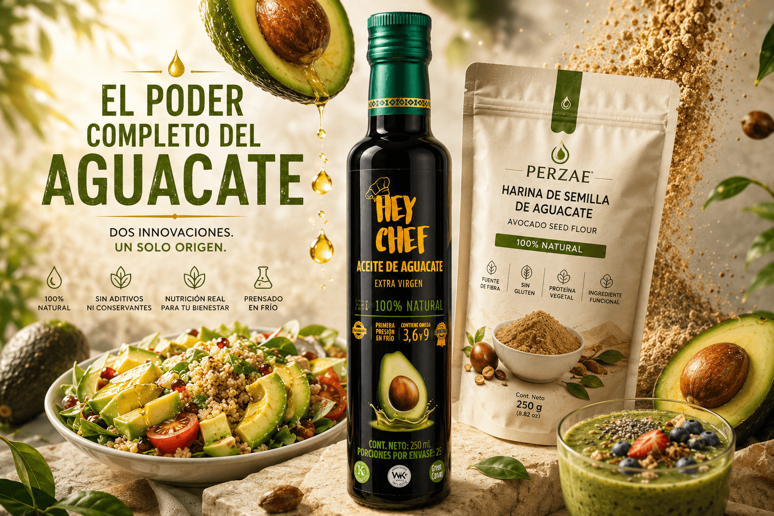 El poder completo del aguacate — HEY CHEF aceite extra virgen & PERZAE harina de semilla