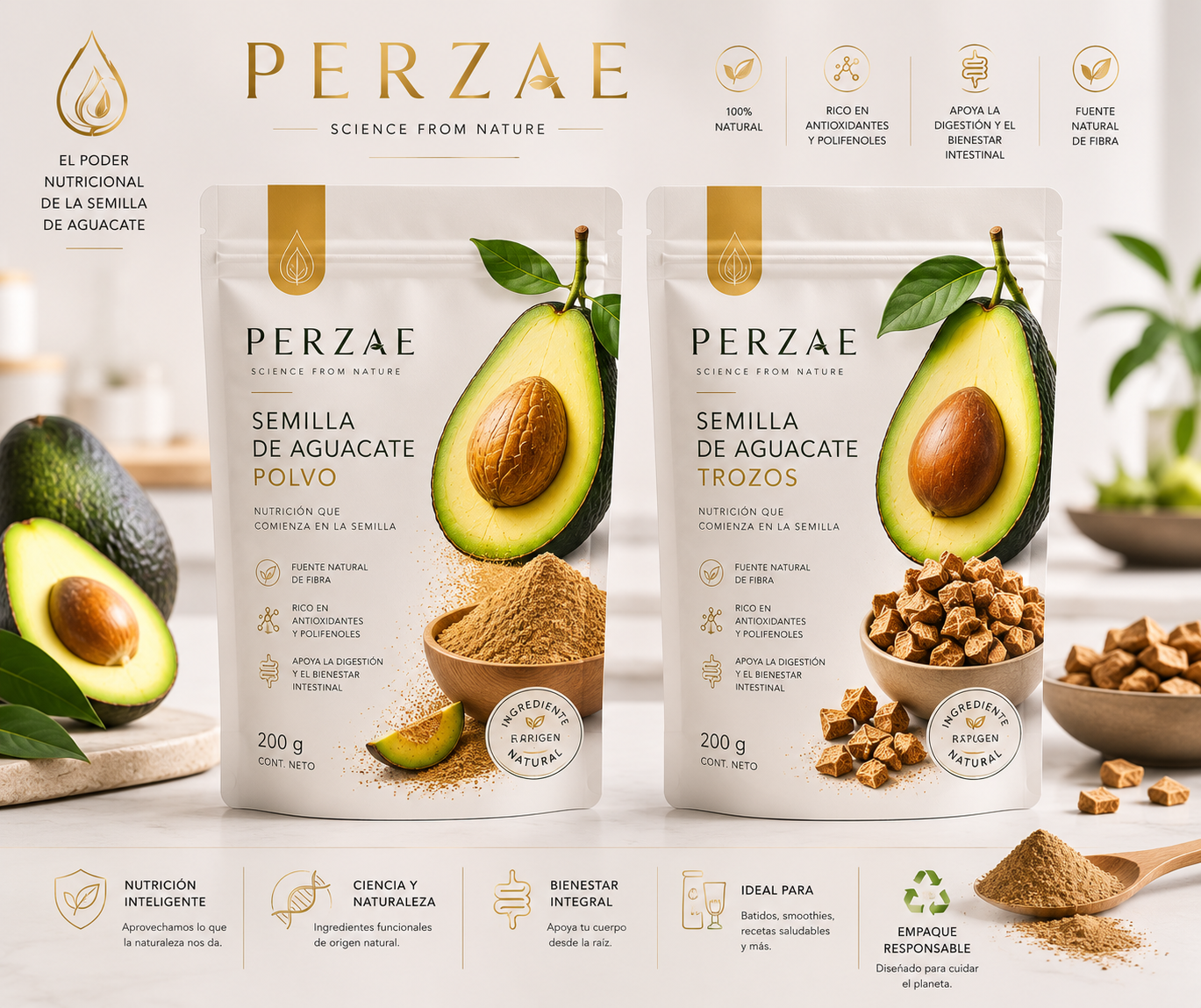 Semilla de Aguacate Hass PERZAE — Trozos y Harina procesada